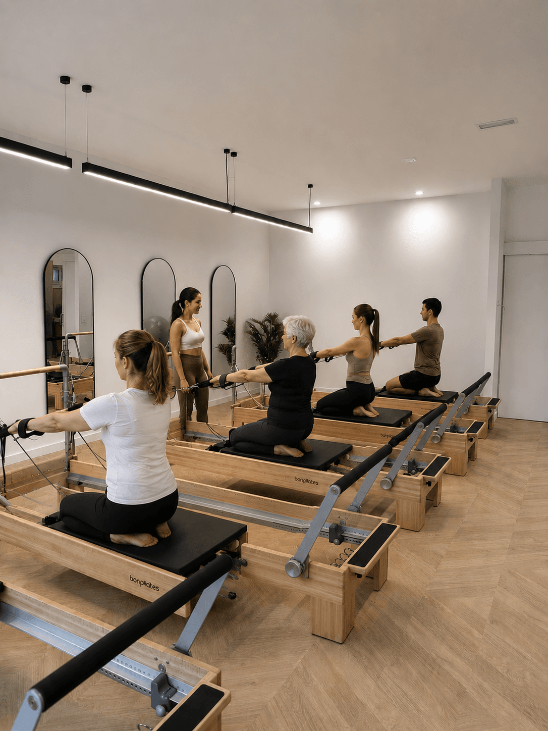 Grupo de alumnas practicando Pilates Reformer con instructora en Aura Pilates Studio, Vallcarca Barcelona